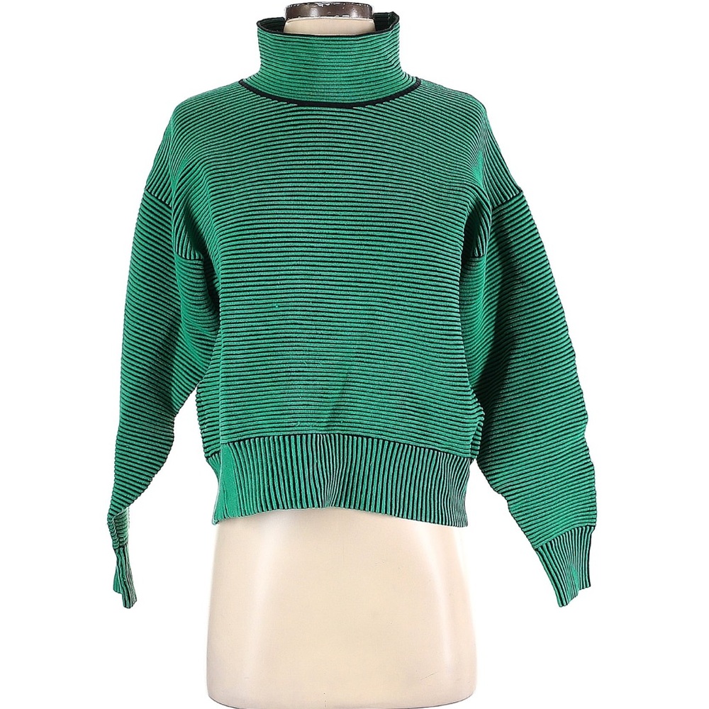 Nagnata Tropic Green + Black Turtleneck Sweater - Organic Cotton Rib Knit - S/M - Picture 2 of 8